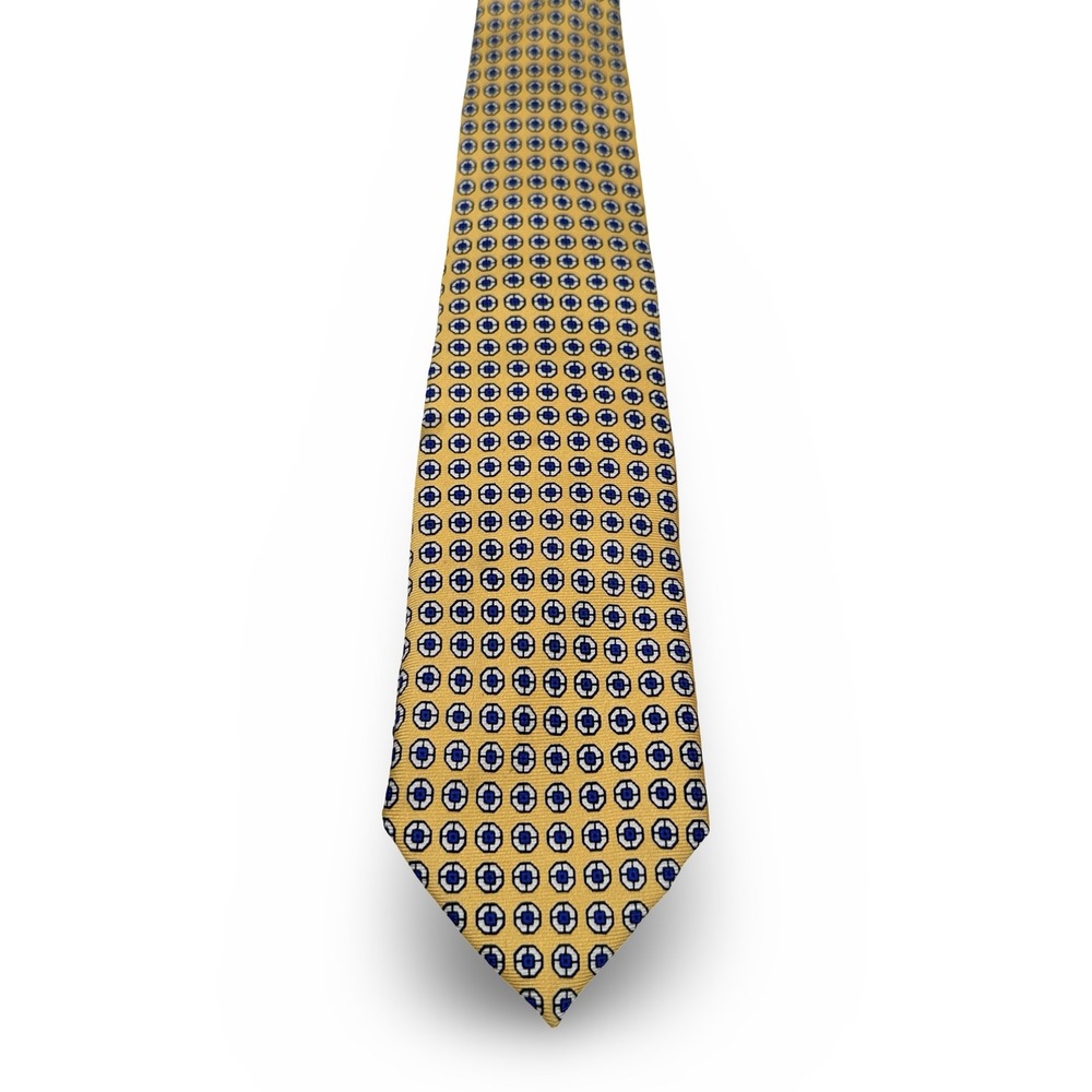 Polo Ralph Lauren Silk Tie Yellow Blue Geometric Medallion Hand Made Italy 3x60